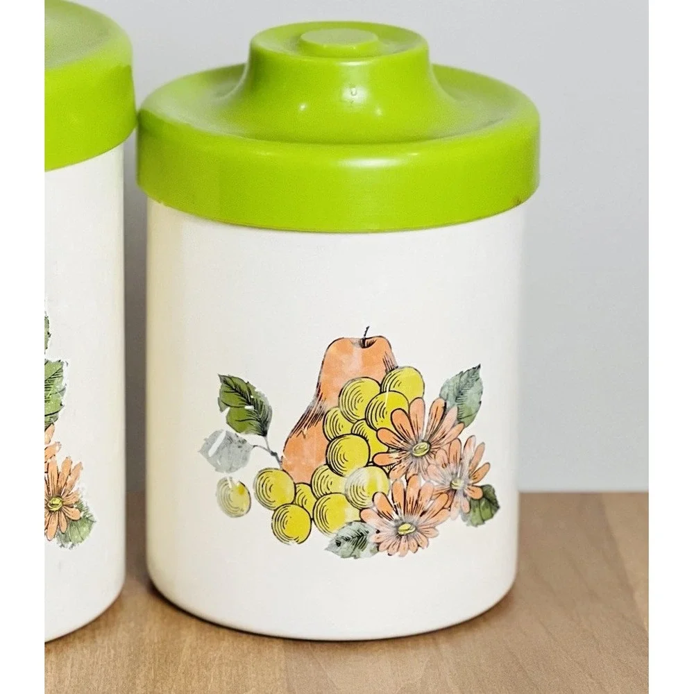 Vintage MCM Atapco Canister Set Fruit Pattern Made In USA 70's Nesting‎ Aluminum